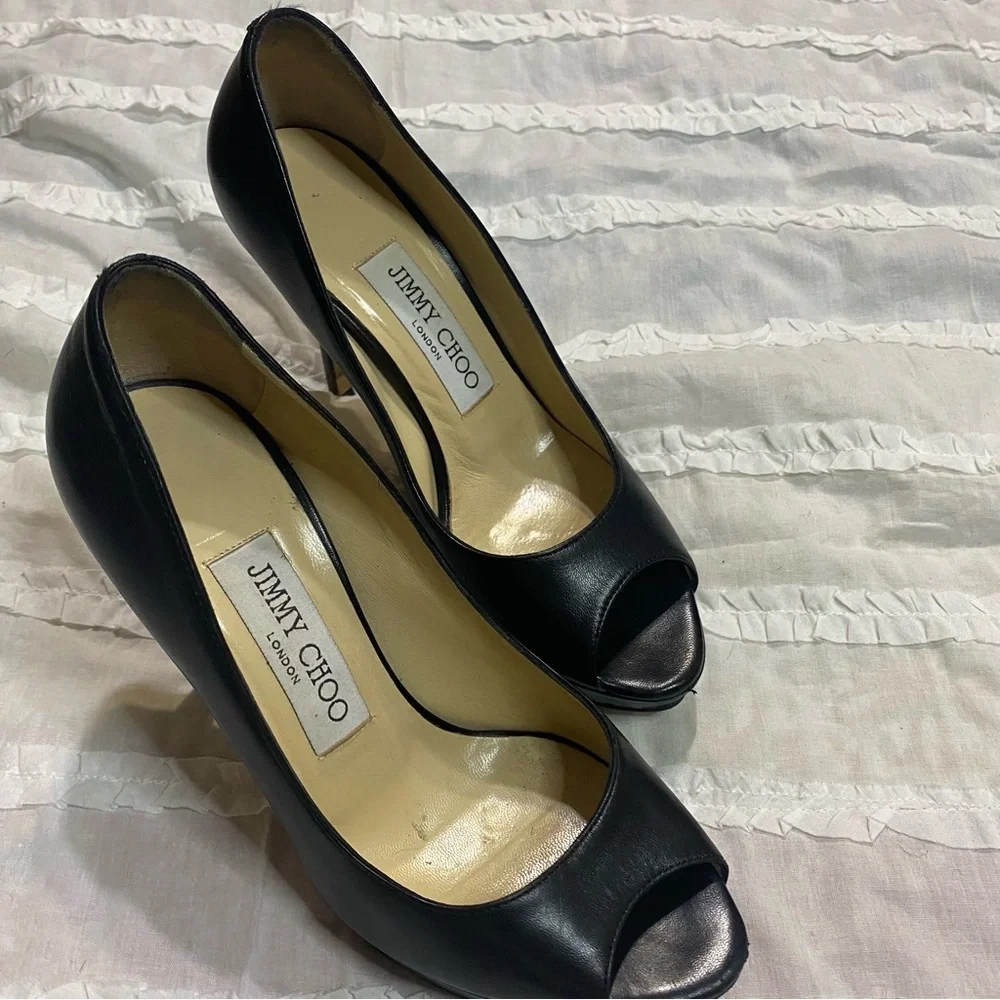 Jimmy Choo - Pump, Black Leather, Platform, Peep Toe, High Heel Women’s Size 35